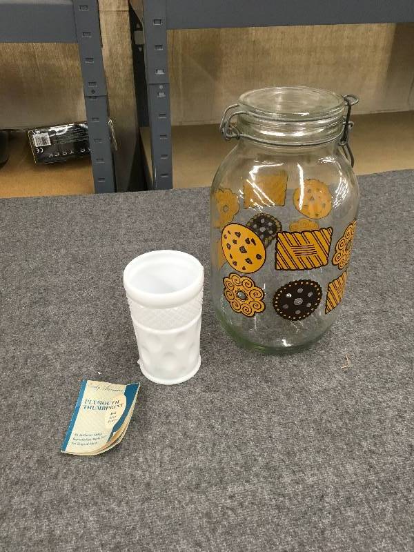 lot 120 image: Plymouth Thumbprint Milk Glass & Cookie Jar