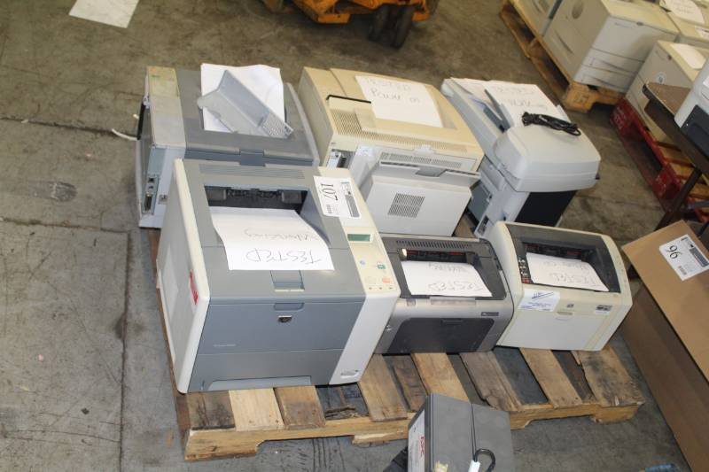 lot 107 image: Lot of (6) HP LaserJet M1522nf52430tnP3005n1022n Printers