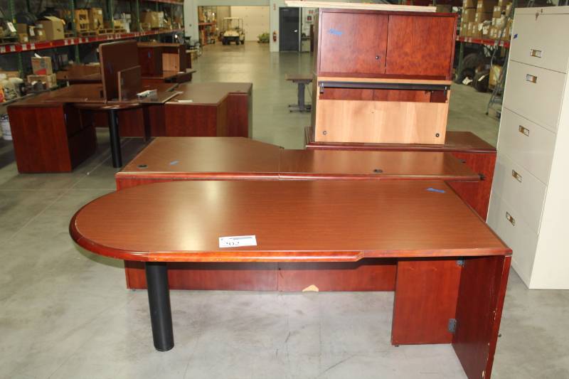 5-Piece Wood Executive Office Desk, Round-End Conference Desk, File Cabinet Desk Extension, Overhead Cabinets