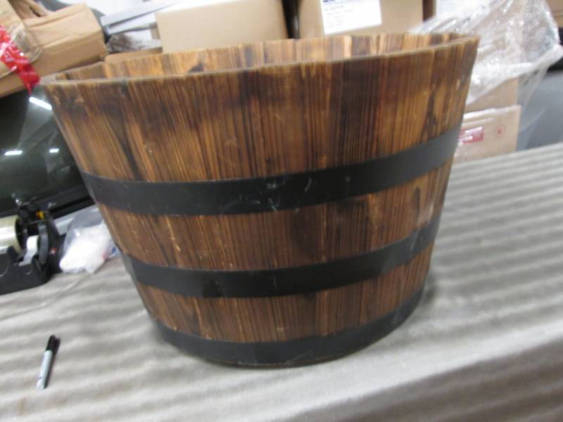 lot 115 image: 26 inch Round Wood Whiskey Barrel P...