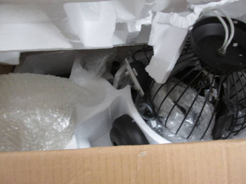 lot 150 image: Metal Cage Ceiling Fan open box Ret...