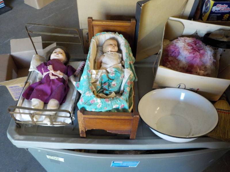 lot 143 image: 2 Vintage Dolls with Cribs, 2 Hats,...