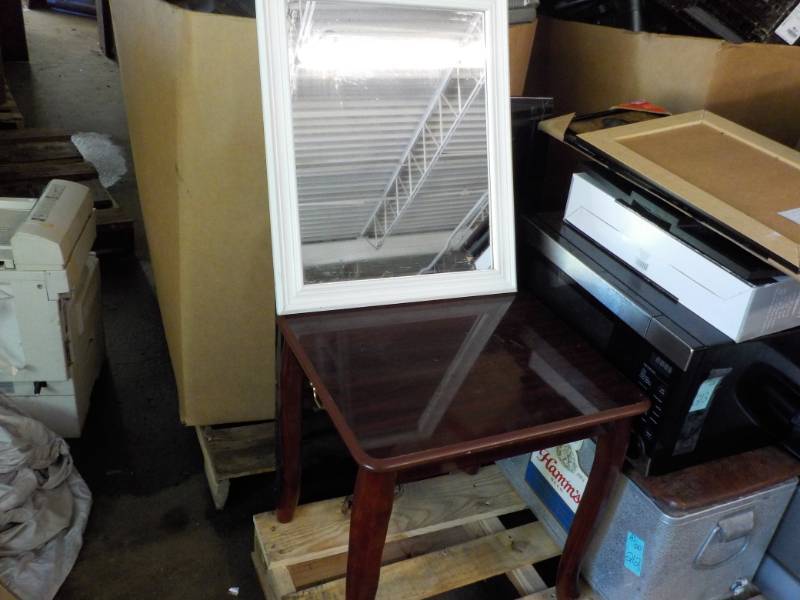 lot 216 image: Wood End Table and 19 x 23 White Fr...