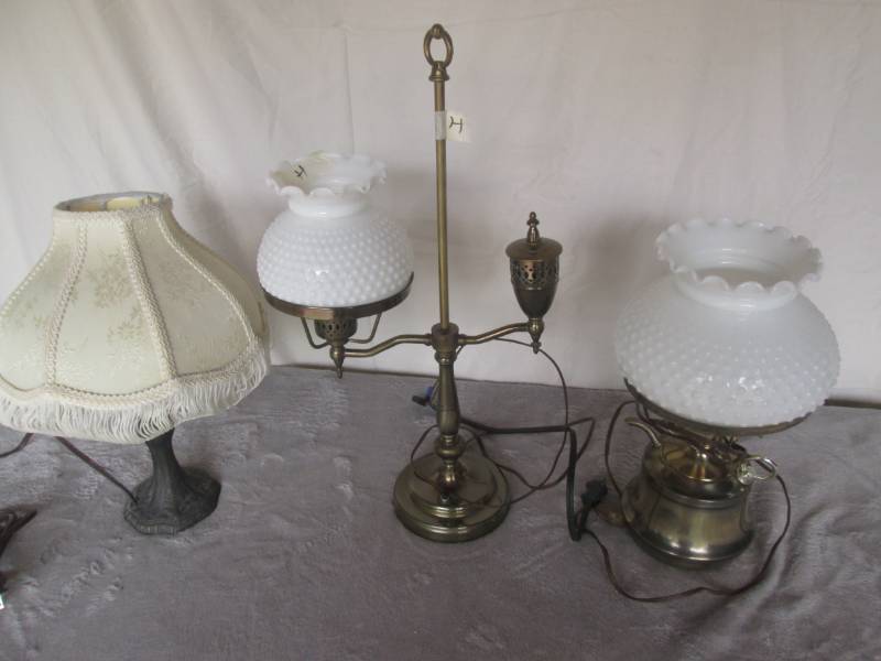 lot 145 image: 2 Hobnail glass topped lamps and a ...