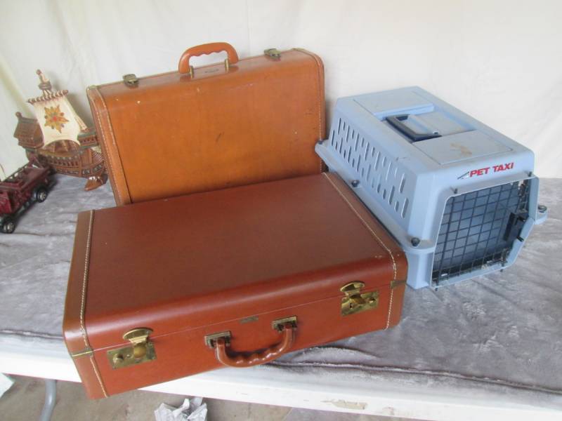 lot 196 image: 2 Vintage suitcases and pet porter...