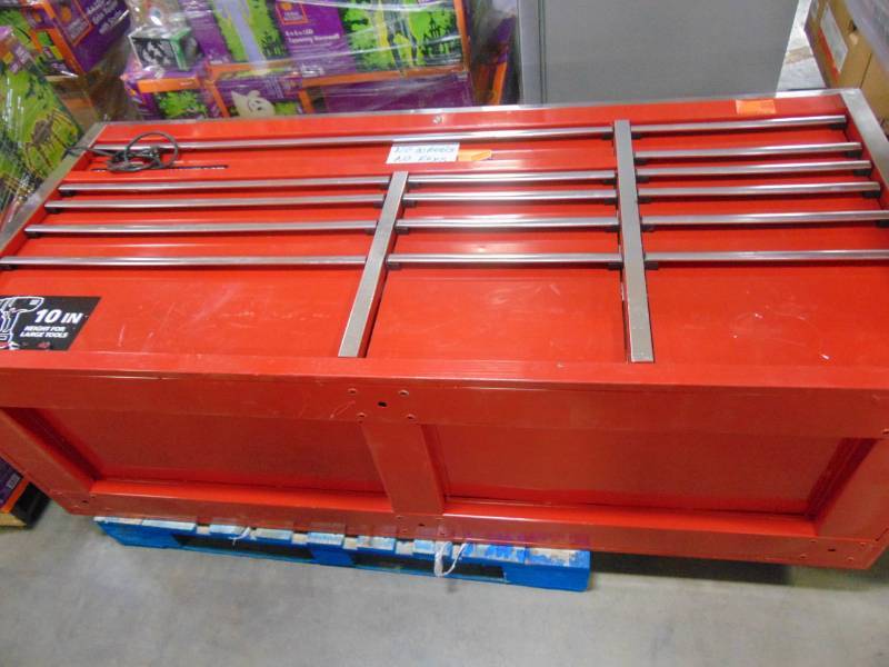 lot 366 image: Husky 72 in. W x 24 in. D 15-Drawer Mobile Workbench with Stainless Steel Top in Red H72MWC15R