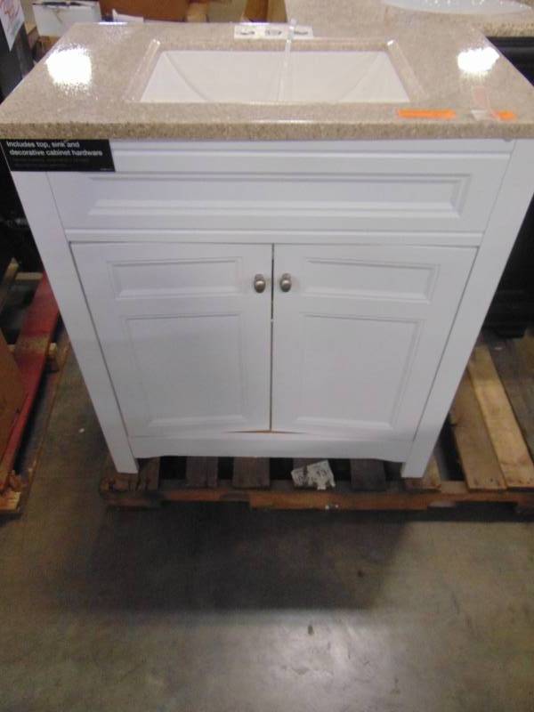 lot 380 image: Glacier Bay Modular 24.5 in. W Bath Vanity in White with Solid Surface Technology Vanity Top in Cappuccino with White Basin PPDECWHT24