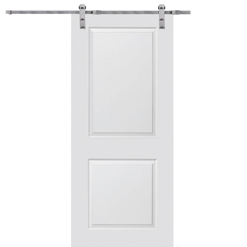 lot 32 image: MMI DOORS 36 in. x 84 in. Smooth Carrara Primed Molded MDF Sliding Barn Door with Stainless Steel Hardware Kit, Z0364382
