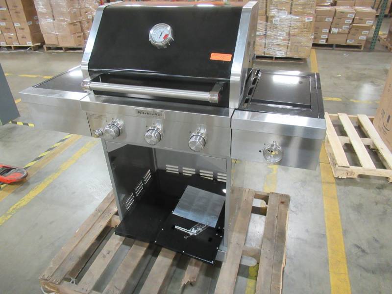 lot 2 image: KitchenAid 3-Burner Propane Gas Grill in Black with Ceramic Sear Side Burner, 720-0953