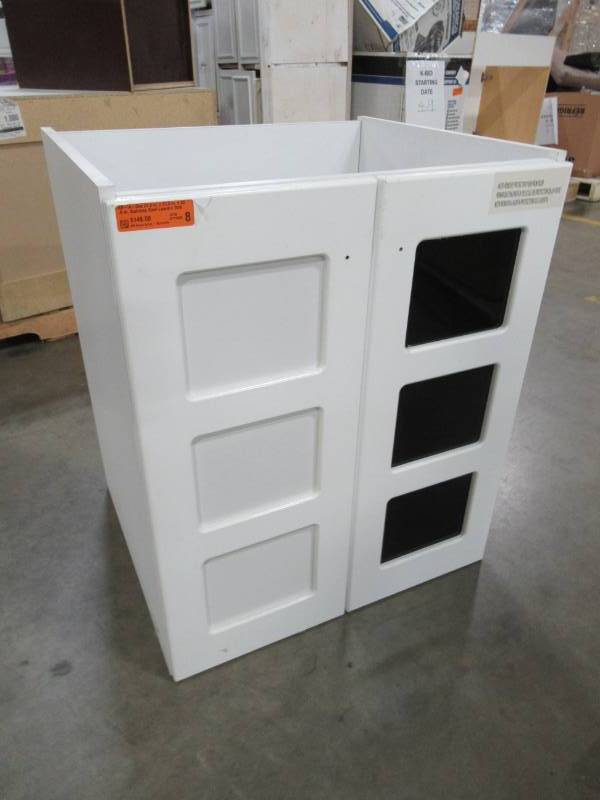 lot 21 image: White Laundry Sink Cabinet With Reversible Door Panels. Cabinet Only
