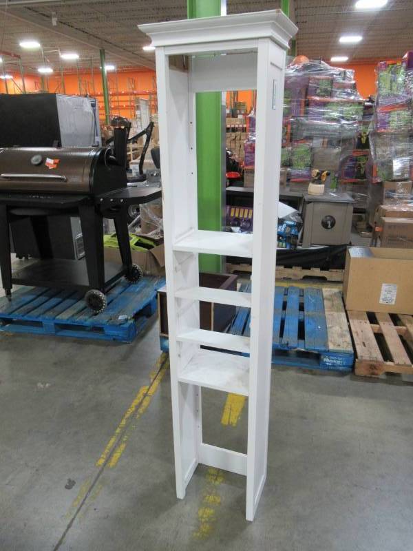 lot 24 image: Tall White Bathroom Linen Cabinet.  Broken Top - Some scratch and dent.
