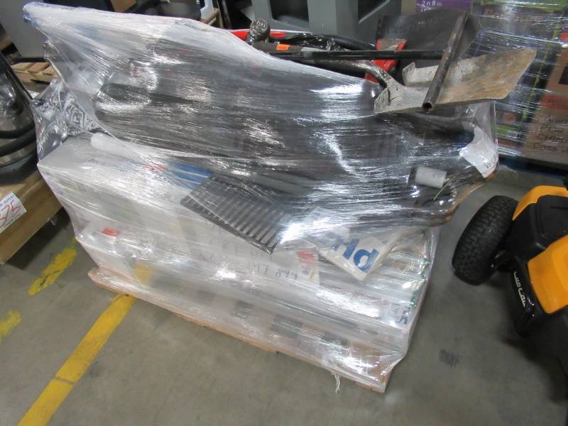 lot 52 image: MIXED WHOLESALE PALLET OF MISCELLANEOUS BUILDING MATERIALS FROM RETAIL STORE REMODEL - Garden Tools, Light Bulbs and More