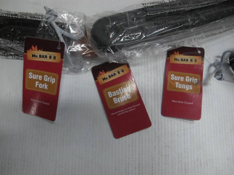 Trio of Mr. Bar-B-Q Grill Accessories - Sure Grip Fork  Sure Grip Tongs  Basting Brush - NEW