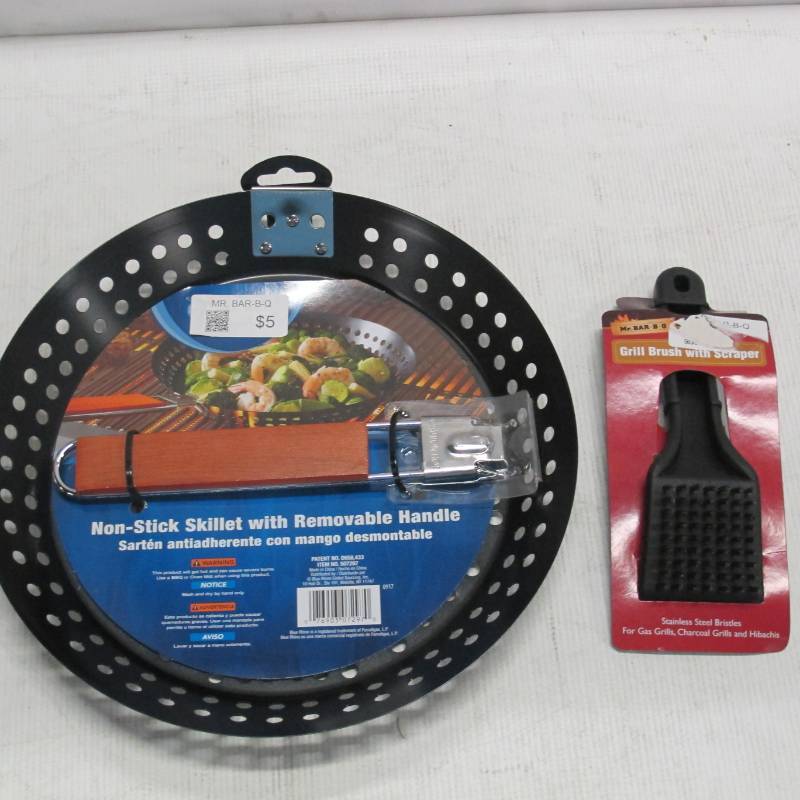 Grill Set - Blue Rhino Non-Stick Skillet with Removable Handle  Mr. Bar-B-Q Grill Brush with Scraper
