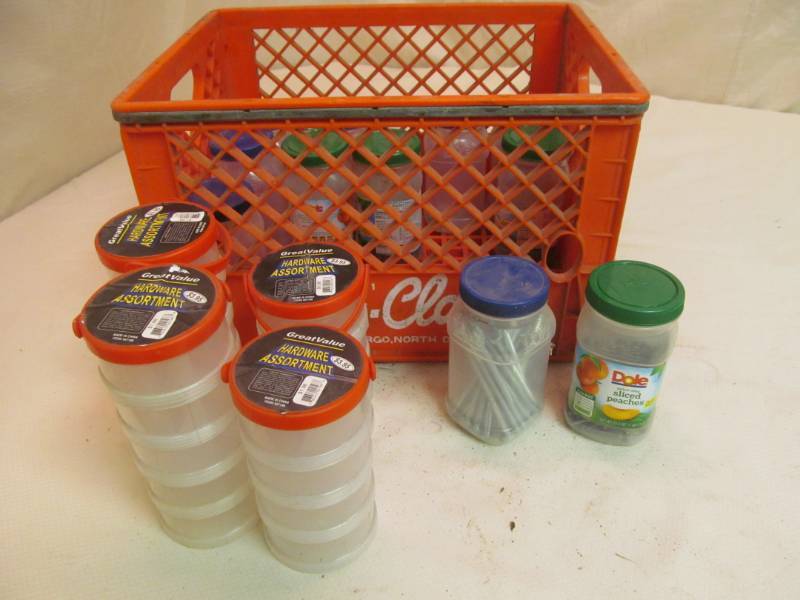 lot 48 image: Group of Containers for Hardware, Fasteners, Cast Clay Dairy Crate