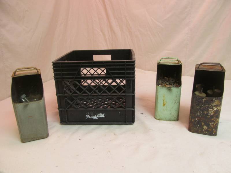 lot 85 image: Dairy Crate, Cans full of Hardware