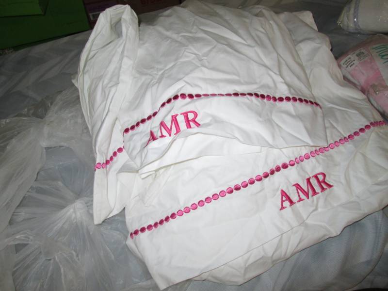 lot 76 image: Monogrammed Twin Flat Sheet & 2 Pil...