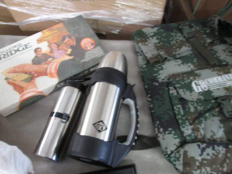 lot 288 image: Camo Back Pack, 2 Thermos, Game...