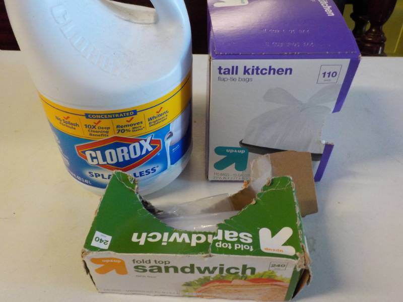 lot 28 image: Tall Kitchen Bags, Clorox, and Kitc...