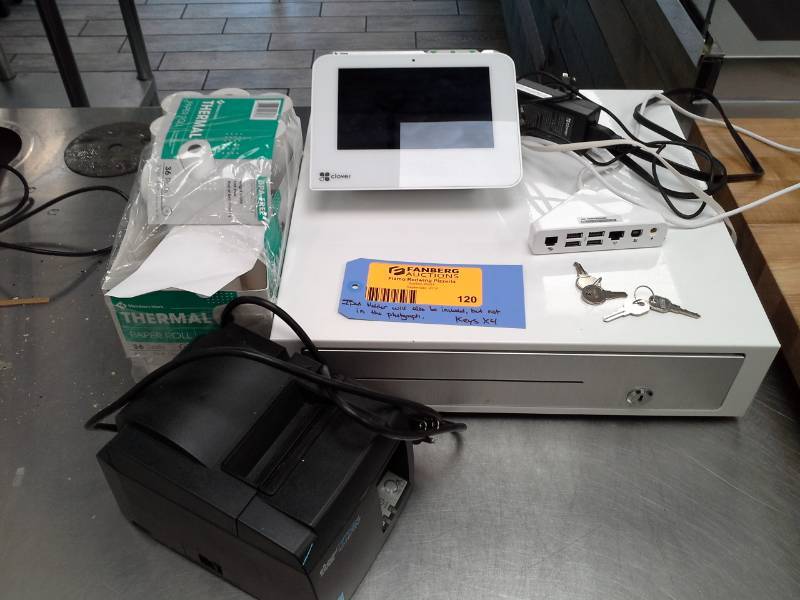 lot 120 image: Clover Point Of Sale Equipment, Cash Register, Star FuturePRNT TSP100III,  iPad Holder (Not Pictured), 4-Keys
