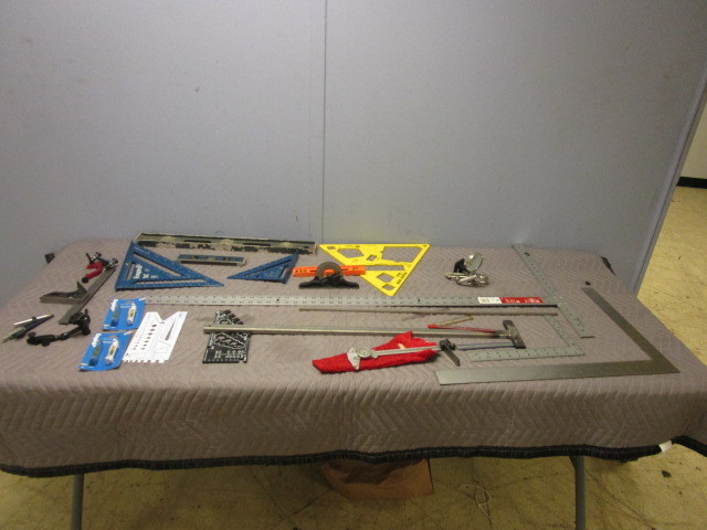 lot 373 image: FRAMING SQUARES, LEVELS, CALIPERS, AND SOLDERING STAND