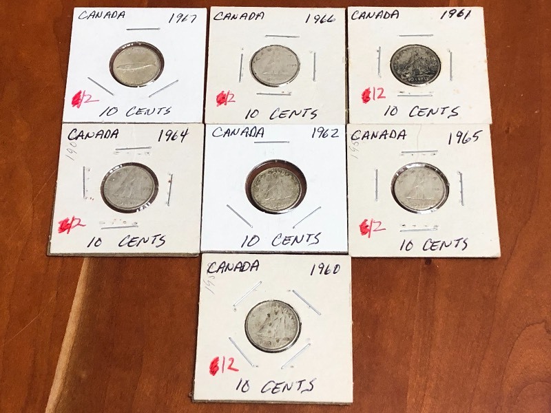 Lot Of (7) Silver Canadian Dimes 1...