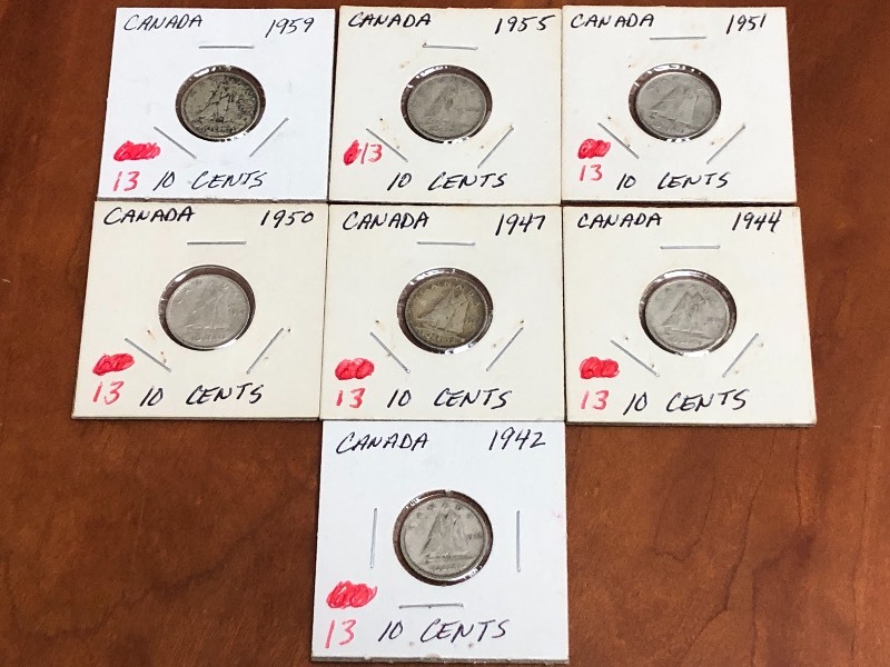 Lot Of (7) Silver Canadian Dimes 1...