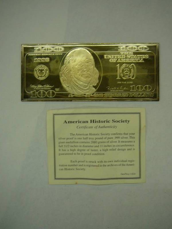 lot 8 image: 1998 100 Dollar Silver Certificate .999 Fine Silver