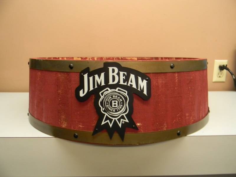lot 34 image: JIM BEAM BARREL TOP WOOD ADVERTISING SIGN - APPROX 23 - SEE PICTURES