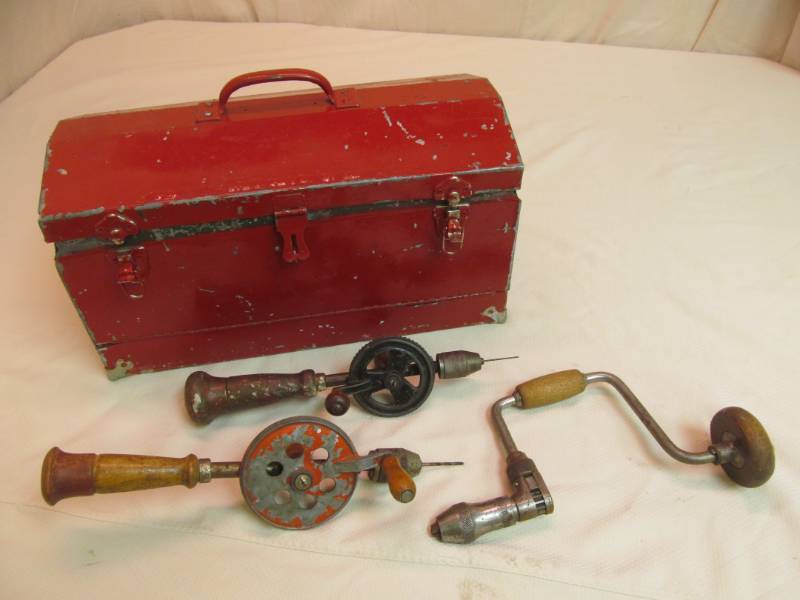Vintage metal tool box w antique hand drills