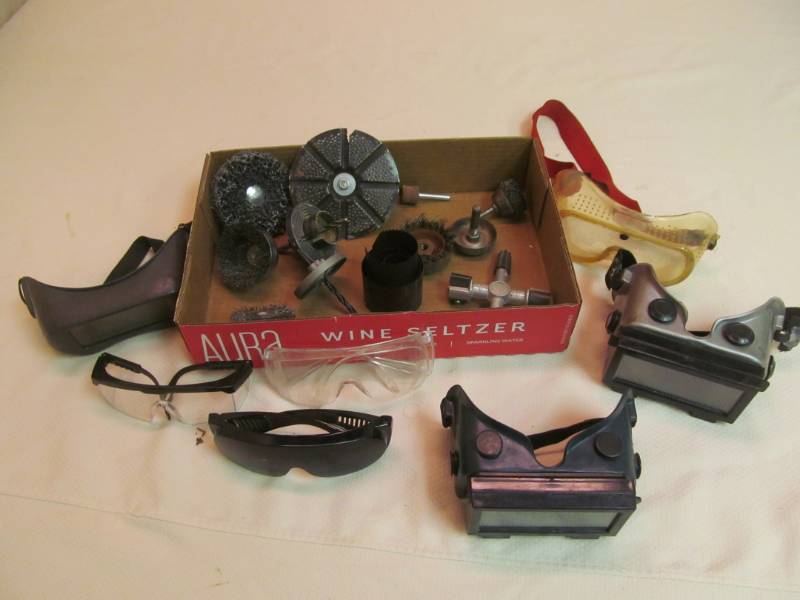 Wire wheel brushes, hole saw blades, safety goggles and glasses