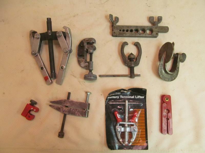 Gear puller, pipe flaring and cutting tools, battery terminal lifter, 5 minute vulcanizer