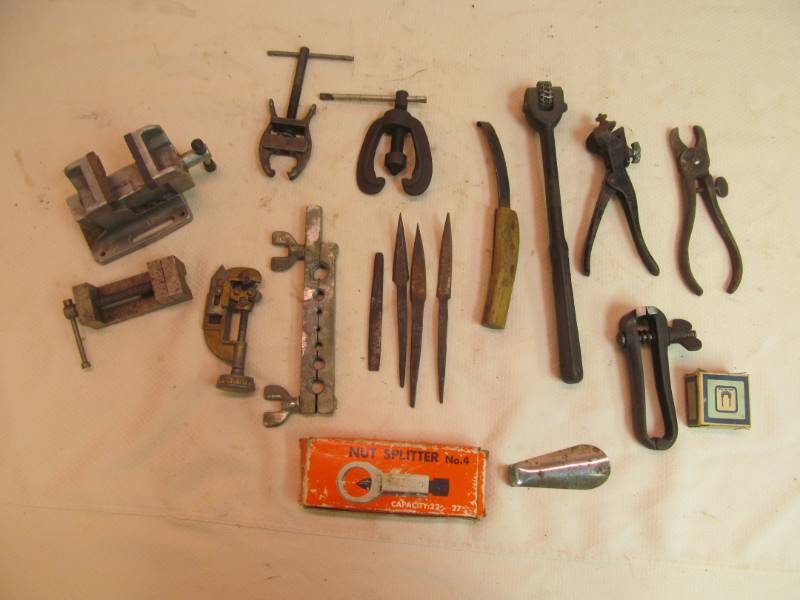 Pipe flaring and cutting tools, vintage leather sewing tools, nut splitter