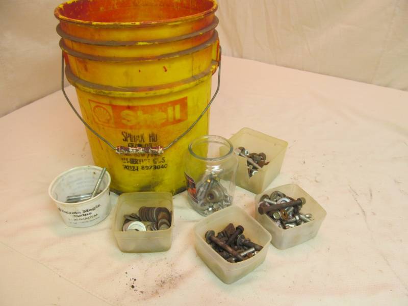 5 gallon bucket w assortment of bolts, washers, nuts