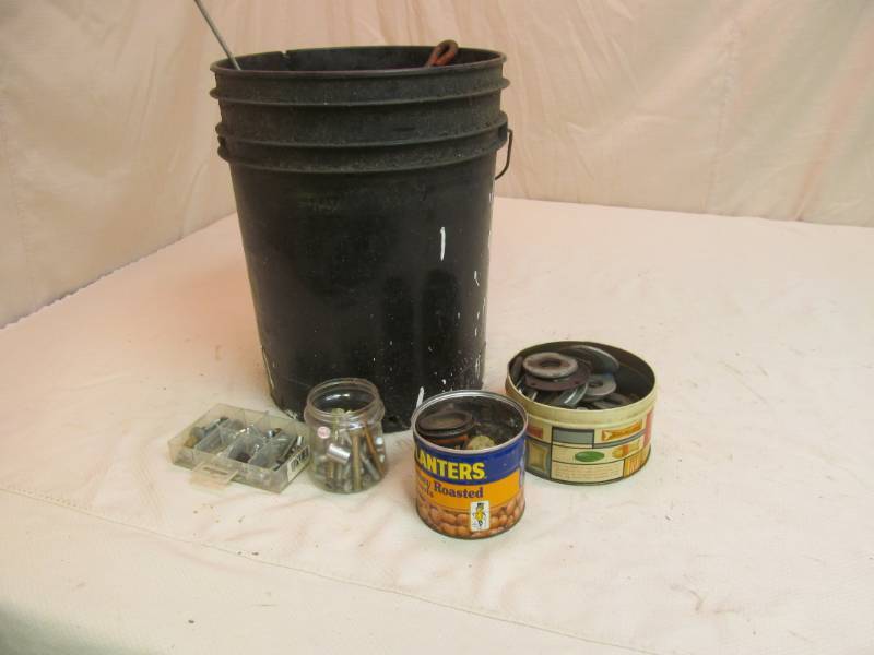 5 gallon bucket w assortment of bolts, washers, nuts