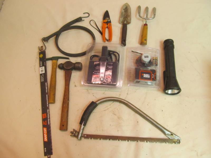 Garden tools, flashlight, laser level, and more