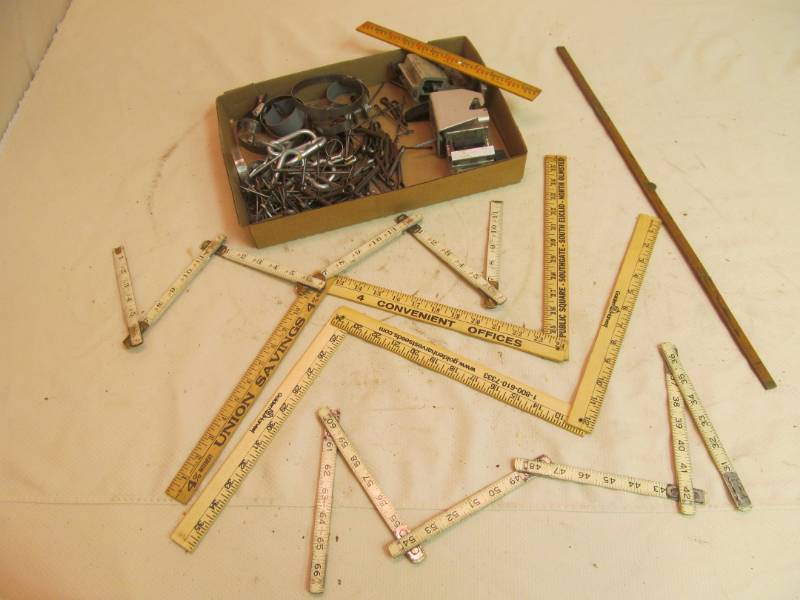 Cotter pins, clamps, quick links, assortment of folding rulers