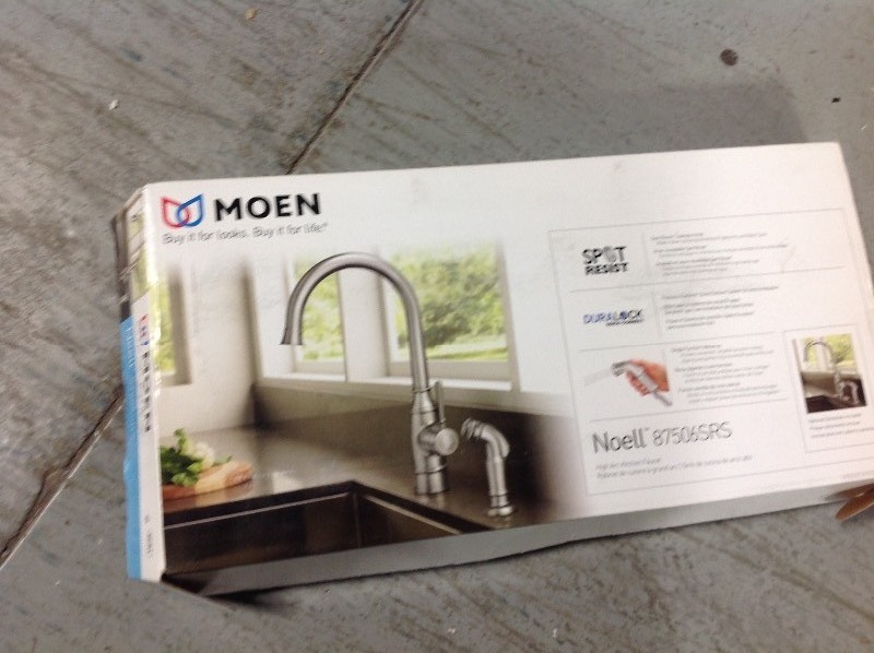 lot 120 image: MOEN Noell Single-Handle Standard Kitchen Faucet with Side Sprayer in Spot Resist Stainless in good conditions