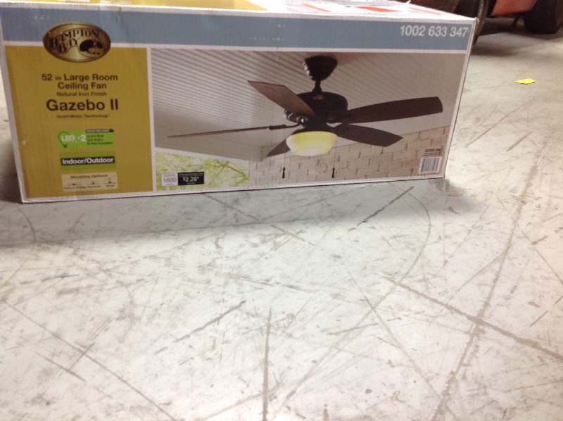 lot 114 image: Hampton Bay Gazebo 52 in. LED IndoorOutdoor Natural Iron Ceiling Fan with Light Kit not used