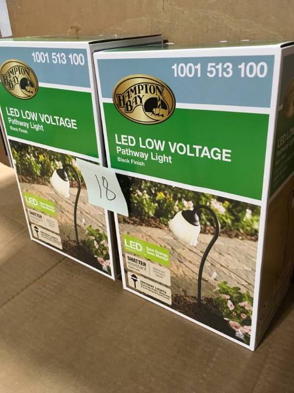 lot 18 image: Hampton Bay Low-Voltage Black Outdoor Integrated LED Black Landscape Path Light with White Tulip Shade not used