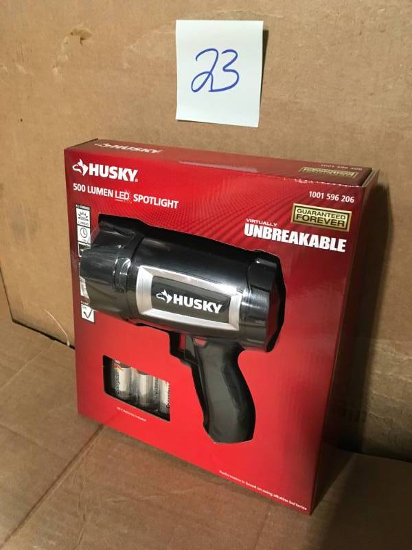 lot 23 image: HUSKY 500 Lumen LED SPOTLIGHT 1001 596 206 Virtually Unbreakable WITH BATTERIES not used