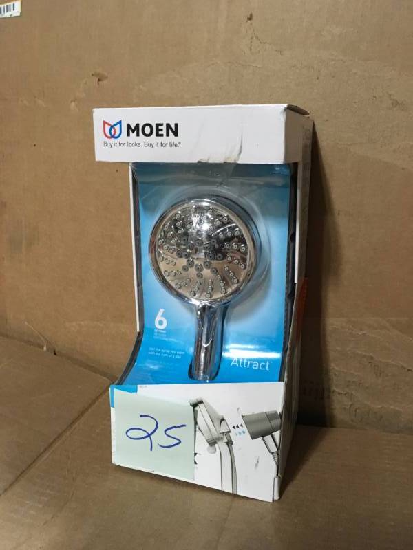 lot 25 image: MOEN Attract 6-Spray 4 in. 1.75 GPM Handheld Shower with Magnetix in Chrome not used