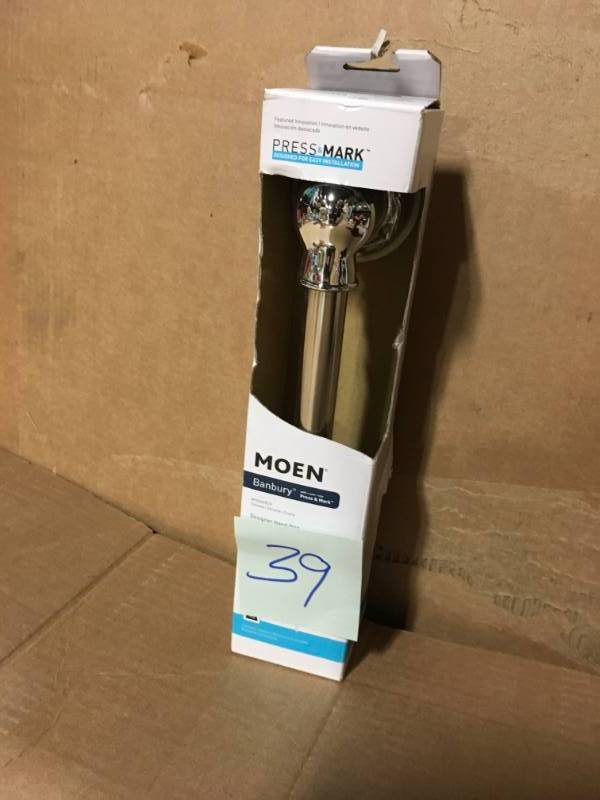 lot 39 image: MOEN Banbury 9 in. x 0.875 in. Bath Grip Grab Bar with Press and Mark in Chrome not used