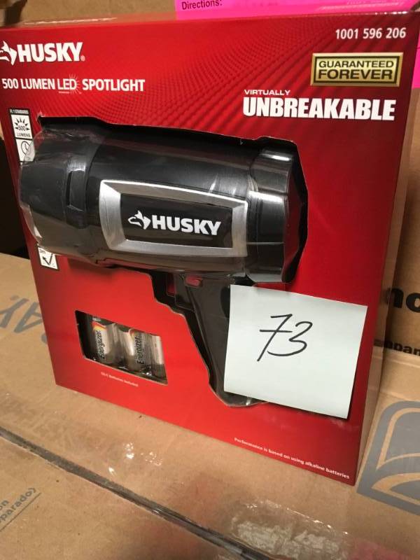 lot 73 image: HUSKY 500 Lumen LED SPOTLIGHT 1001 596 206 Virtually Unbreakable WITH BATTERIES not used