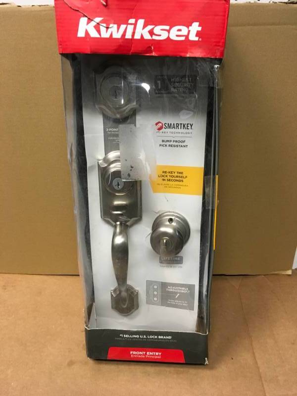 lot 88 image: Kwikset Montara Satin Nickel Single Cylinder Door Handleset with Juno Entry Door Knob Featuring SmartKey Security  in good condition
