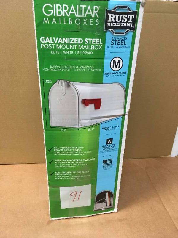 lot 91 image: Gibraltar Mailboxes Elite White Medium Galvanized Steel Post-Mount Mailbox  in good condition