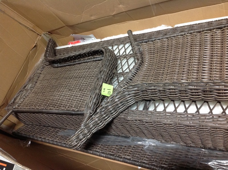 lot 101 image: Hampton Bay Cambridge Gray Wicker Outdoor Patio Sofa with Bare Cushions in good conditions