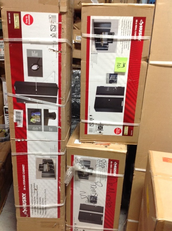lot 103 image: Husky 108 in. W x 98 in. H x 24 in. D Steel Garage Cabinet Set in Black (6-Piece) in good conditions