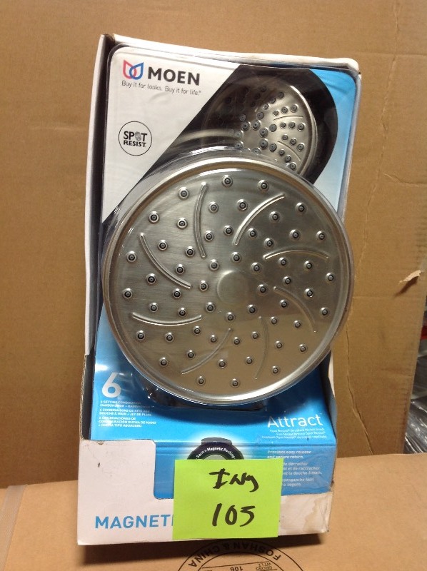 lot 105 image: MOEN Attract 6-Spray 1.75 GPM Hand Shower and Showerhead Combo Kit with Magnetix in Spot Resist Brushed Nickel in good conditions