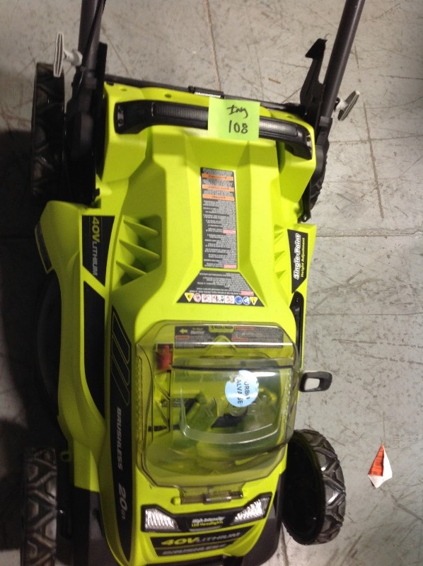 lot 108 image: RYOBI 20 in. 40-Volt Brushless Lithium-Ion Cordless Battery Walk Behind Push Lawn Mower 2.6 Ah BatteryCharger Included in good condition